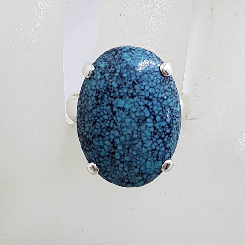 Sterling Silver Large Oval Natural Turquoise Claw Set Ring