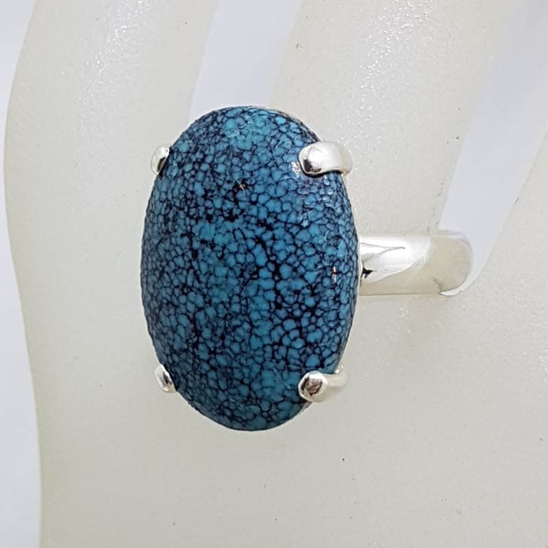 Sterling Silver Large Oval Natural Turquoise Claw Set Ring