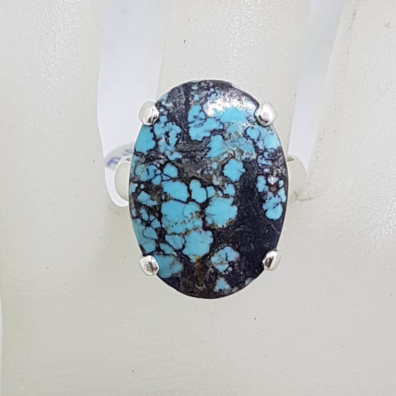 Sterling Silver Large Oval Natural Turquoise Claw Set Ring