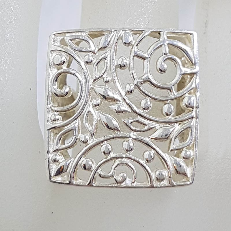 Sterling Silver Large Ornate Filigree Square Shape Ring