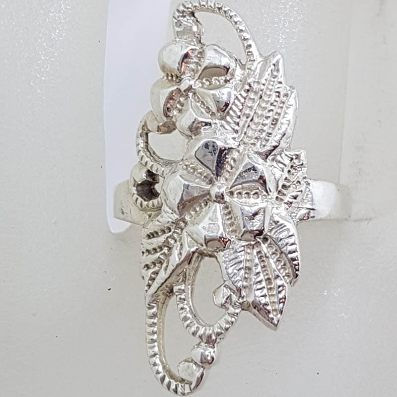 Sterling Silver Ornate and Long Floral Design Ring - Large - Vintage