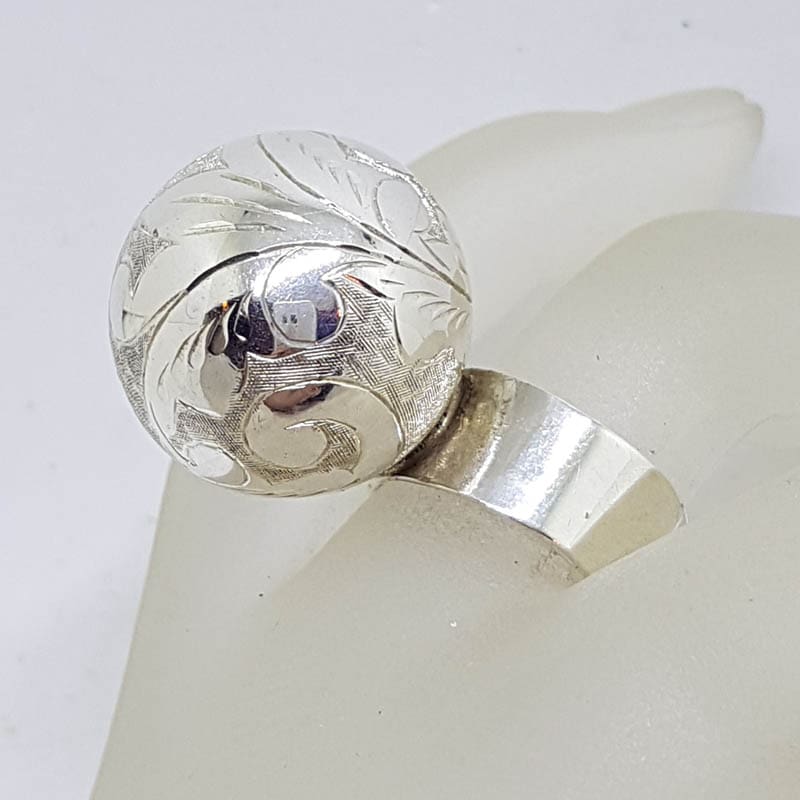 Sterling Silver Large and Tall Ornate Ball on Band Ring - Vintage