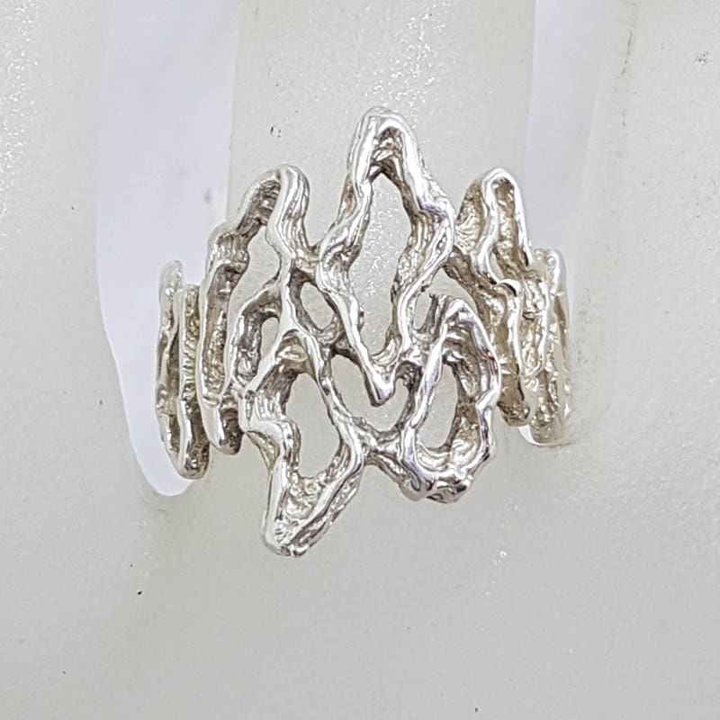 Sterling Silver Wide Unusual Open Design Ring - Vintage