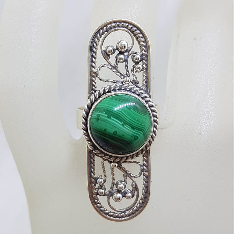 Sterling Silver Round Malachite in Elongated Long Oval Ornate Filigree Ring