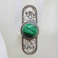 Sterling Silver Round Malachite in Elongated Long Oval Ornate Filigree Ring