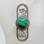 Sterling Silver Round Malachite in Elongated Long Oval Ornate Filigree Ring