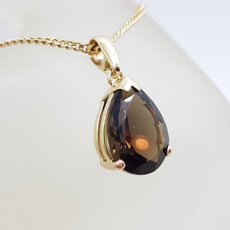 9ct Yellow Gold Teardrop / Pear Shape Smokey Quartz Pendant on Gold Chain