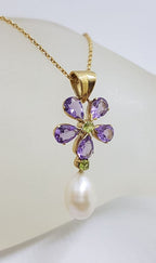 9ct Yellow Gold Pearl, Amethyst &amp; Peridot Large Flower Pendant on Gold Chain