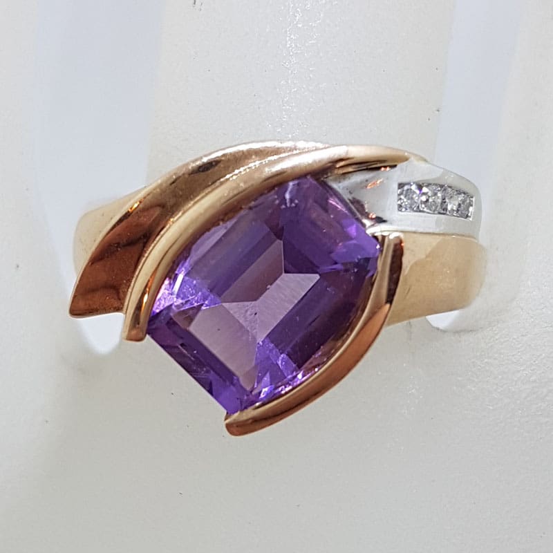 9ct Rose Gold Large Amethyst with Diamond Ring - Unusual Shape Ring
