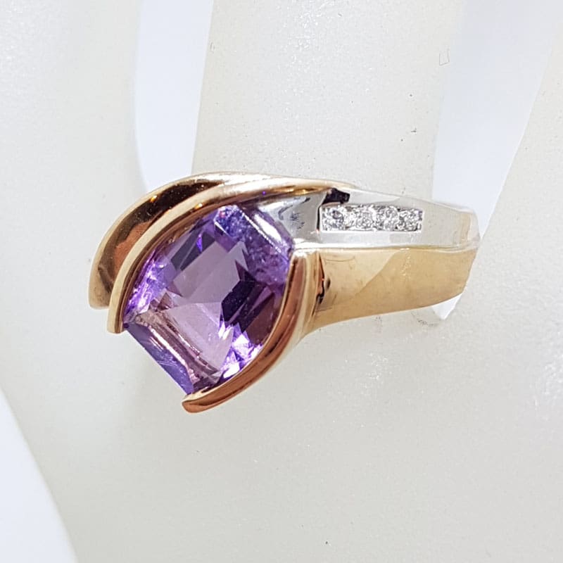 9ct Rose Gold Large Amethyst with Diamond Ring - Unusual Shape Ring