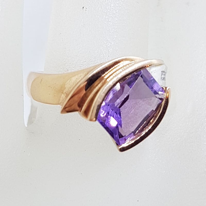 9ct Rose Gold Large Amethyst with Diamond Ring - Unusual Shape Ring