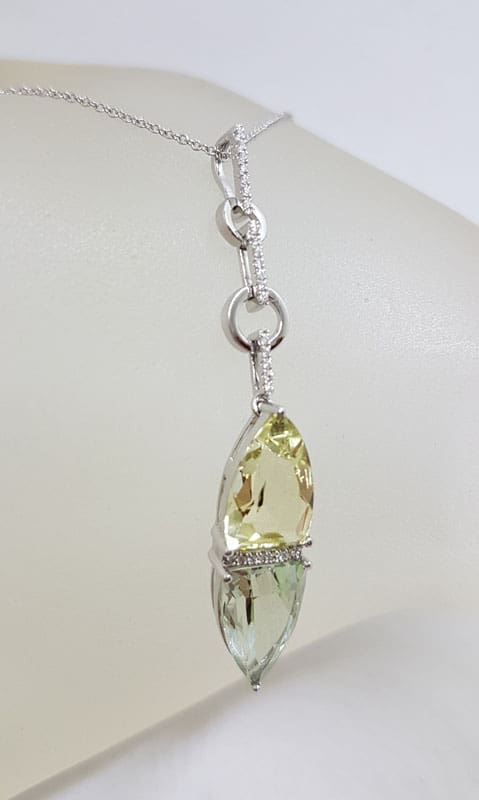 9ct White Gold Green Amethyst / Prasiolite , Citrine and Diamond Pendant on White Gold Chain