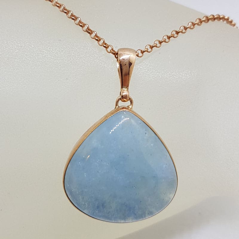 9ct Rose Gold Large Cabochon Cut Teardrop / Pear Shape Aquamarine Pendant on 9ct Chain