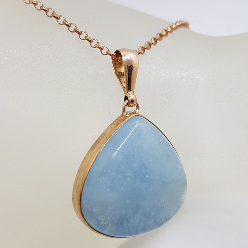 9ct Rose Gold Large Cabochon Cut Teardrop / Pear Shape Aquamarine Pendant on 9ct Chain