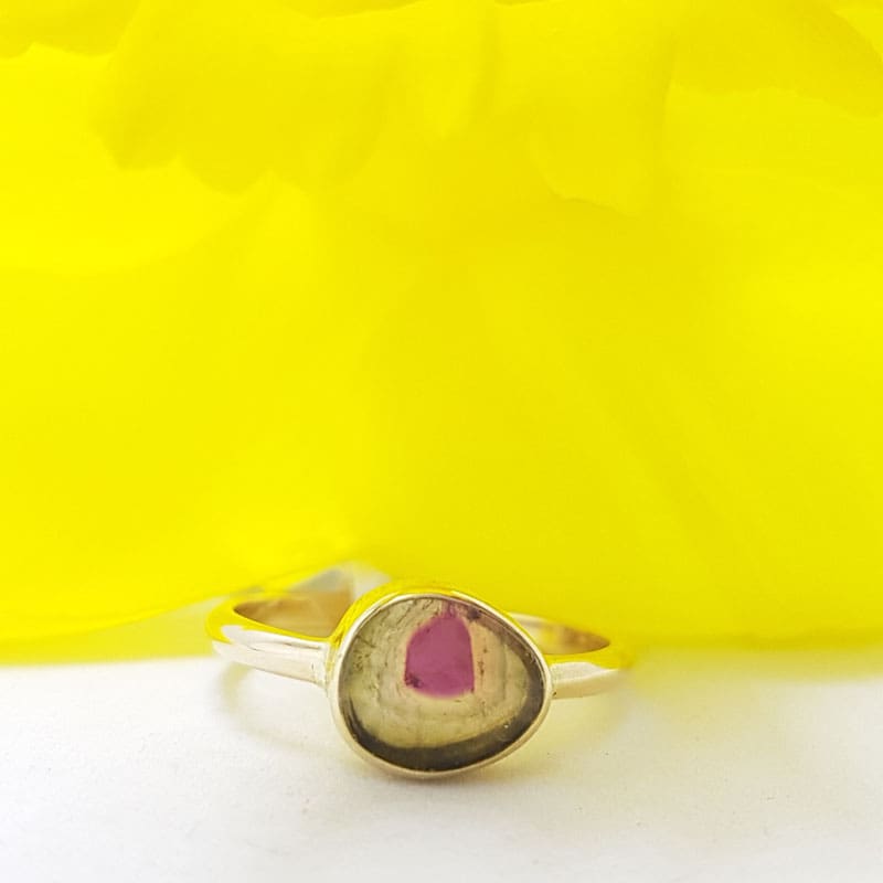 9ct Yellow Gold Bezel Set Watermelon Tourmaline Ring