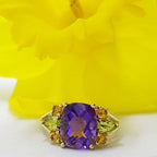 10ct Yellow Gold Stunning Amethyst, Peridot and Citrine Cluster Ring