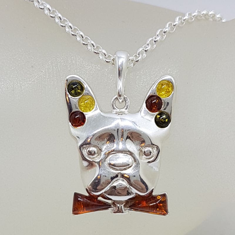 Sterling Silver Multi-Colour Natural Baltic Amber Dog Pendant on Chain - French Bull Dog