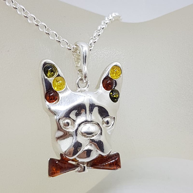 Sterling Silver Multi-Colour Natural Baltic Amber Dog Pendant on Chain - French Bull Dog