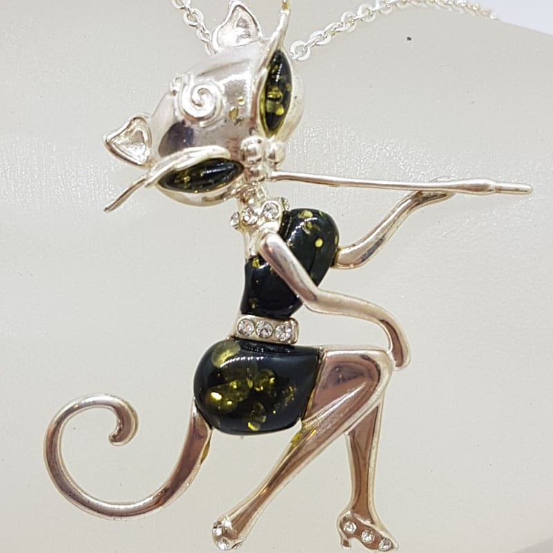 Sterling Silver Large Green Natural Baltic Amber and CZ Elegant Cat Sitting Pendant on Chain - Also Available as Brooch