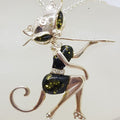 Sterling Silver Large Green Natural Baltic Amber and CZ Elegant Cat Sitting Pendant on Chain - Also Available as Brooch