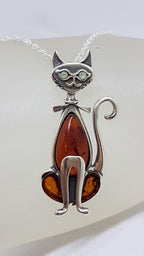 Sterling Silver Long Natural Baltic Amber and CZ Cat Pendant on Chain