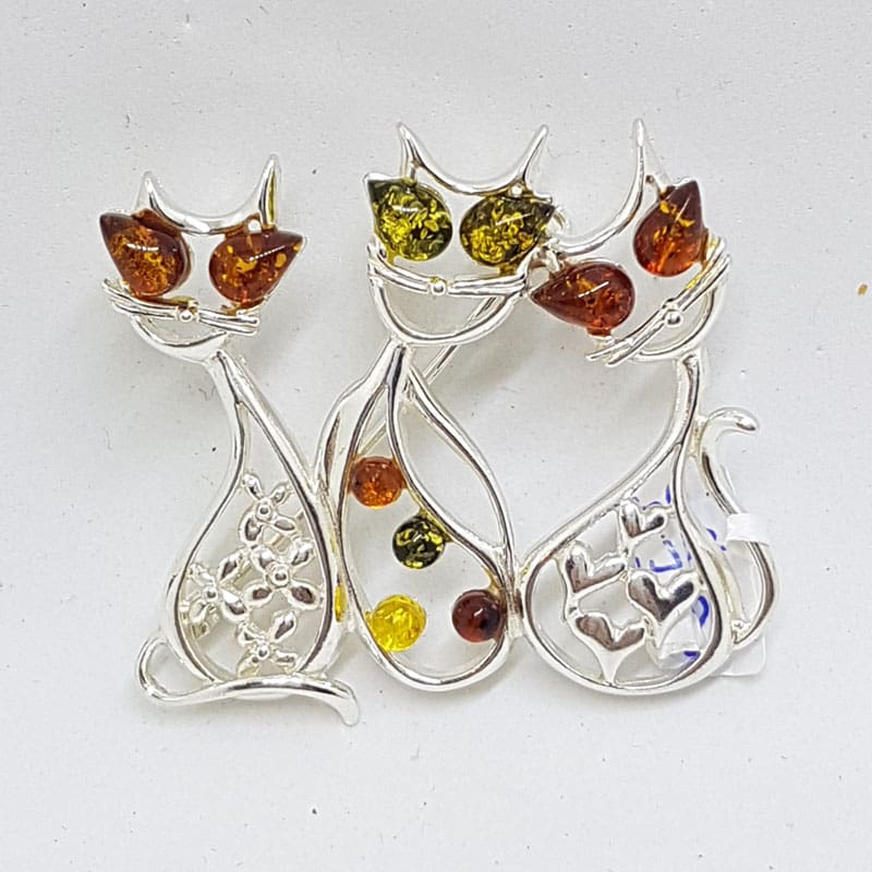 Sterling Silver Multi-Coloured Natural Baltic Amber Three Cats Sitting Brooch
