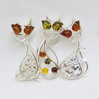 Sterling Silver Multi-Coloured Natural Baltic Amber Three Cats Sitting Brooch