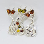 Sterling Silver Multi-Coloured Natural Baltic Amber Three Cats Sitting Brooch
