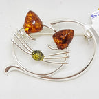 Sterling Silver Amber Sleeping Cat Brooch