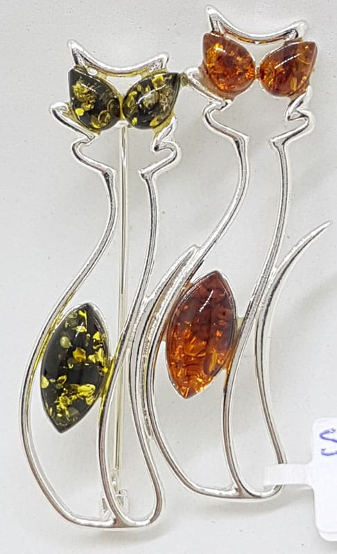 Sterling Silver with Brown and Green Natural Baltic Amber 2 Cats Sitting Brooch