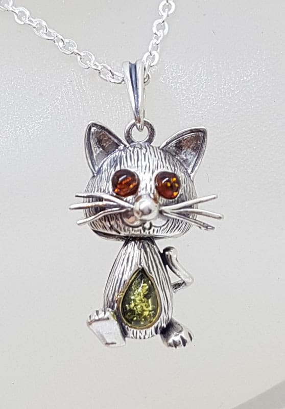 Sterling Silver Natural Baltic Amber Jointed Cat Pendants on Chains - Different Colours Available