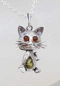 Sterling Silver Natural Baltic Amber Jointed Cat Pendants on Chains - Different Colours Available