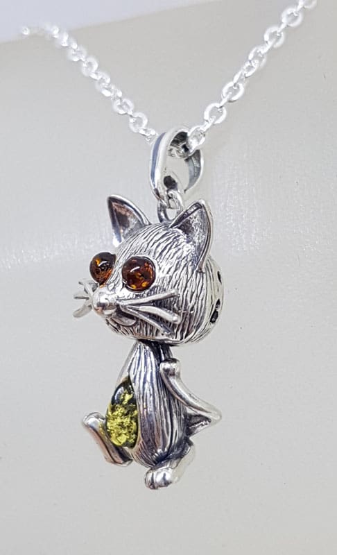 Sterling Silver Natural Baltic Amber Jointed Cat Pendants on Chains - Different Colours Available