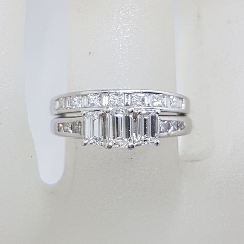 18ct White Gold Baguette and Princess Cut Diamond Trilogy Engagement Ring and Wedding Ring Set - Channel Set and Claw Set