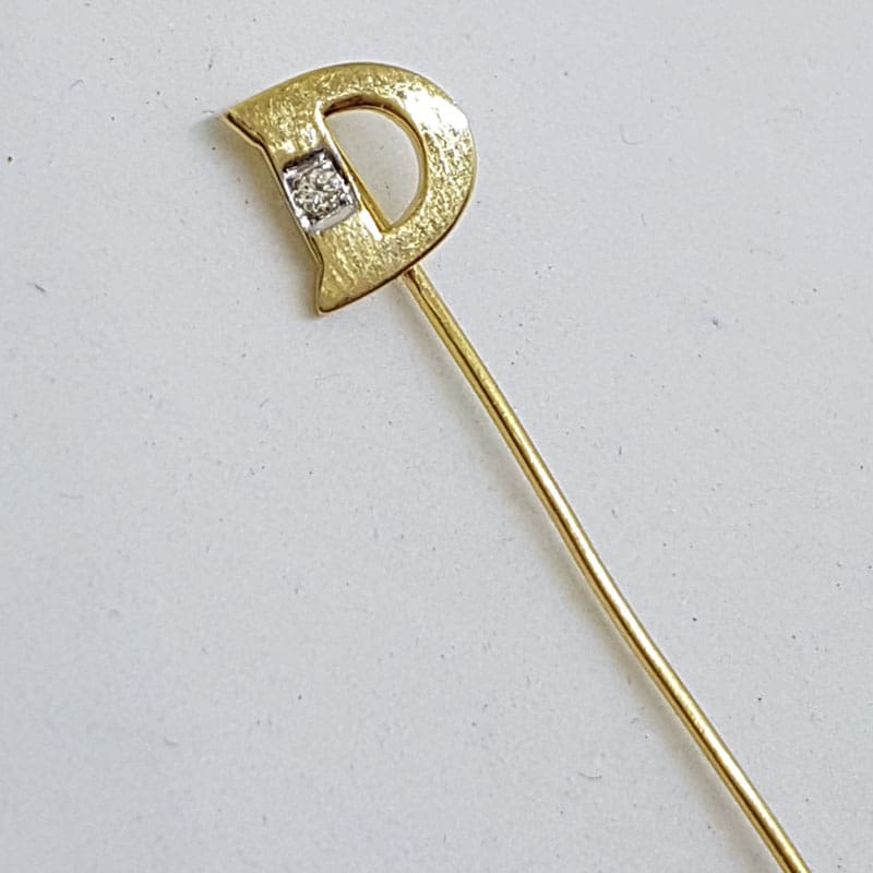 14ct Yellow Gold Initial D with Diamond Lapel / Tie Pin - Antique / Vintage