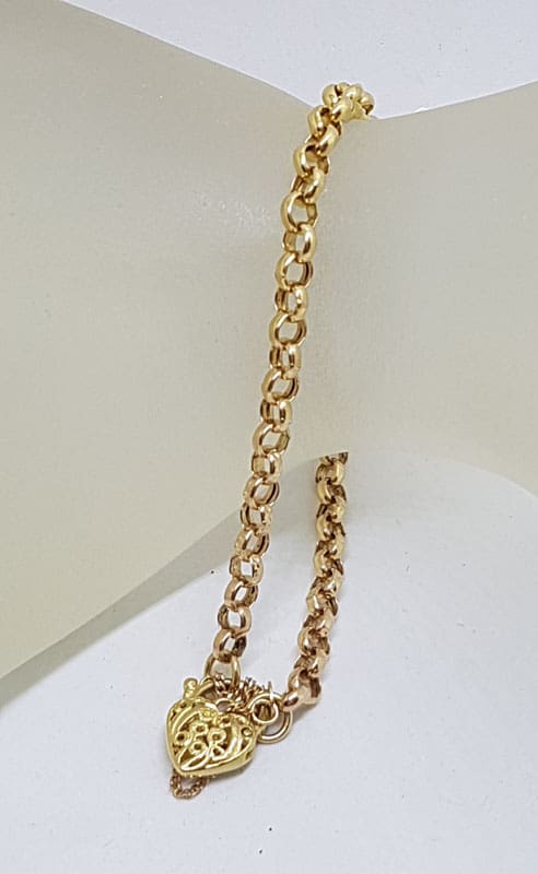 9ct Yellow Gold Ornate Heart Padlock on Belcher Link Bracelet