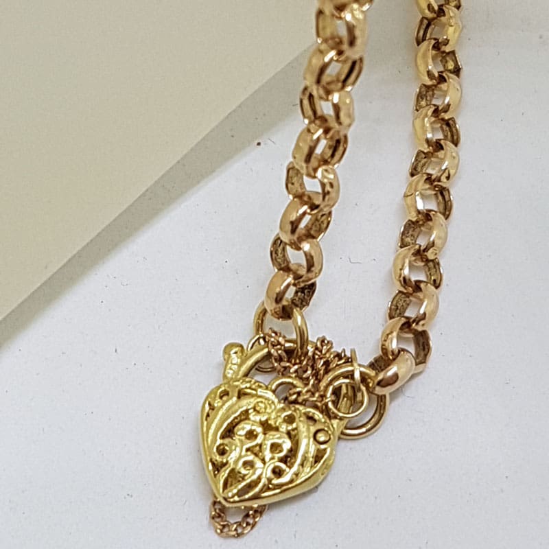 9ct Yellow Gold Ornate Heart Padlock on Belcher Link Bracelet
