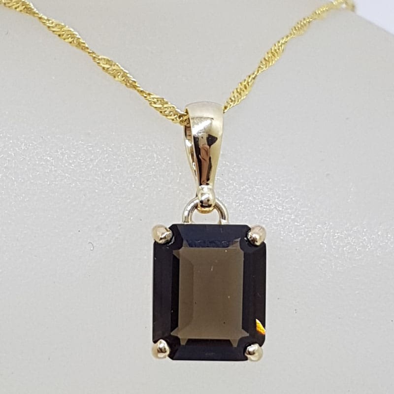 9ct Yellow Gold Rectangular Smokey Quartz Pendant on Gold Chain