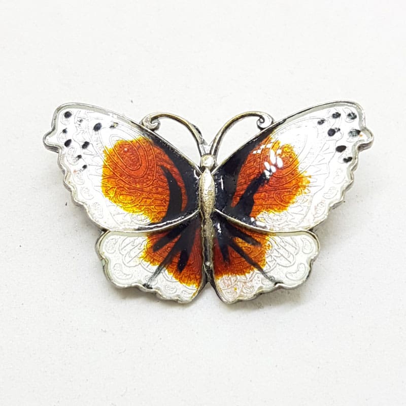 Sterling Silver Enamel Norway Designer White and Orange Butterfly Brooch  – Antique / Vintage