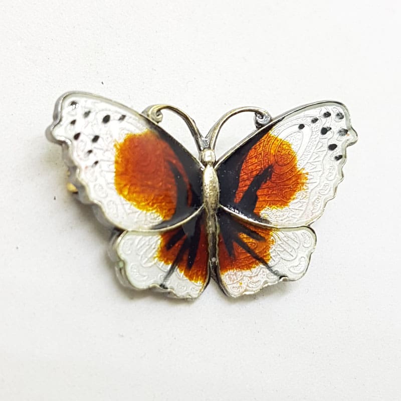 Sterling Silver Enamel Norway Designer White and Orange Butterfly Brooch  – Antique / Vintage