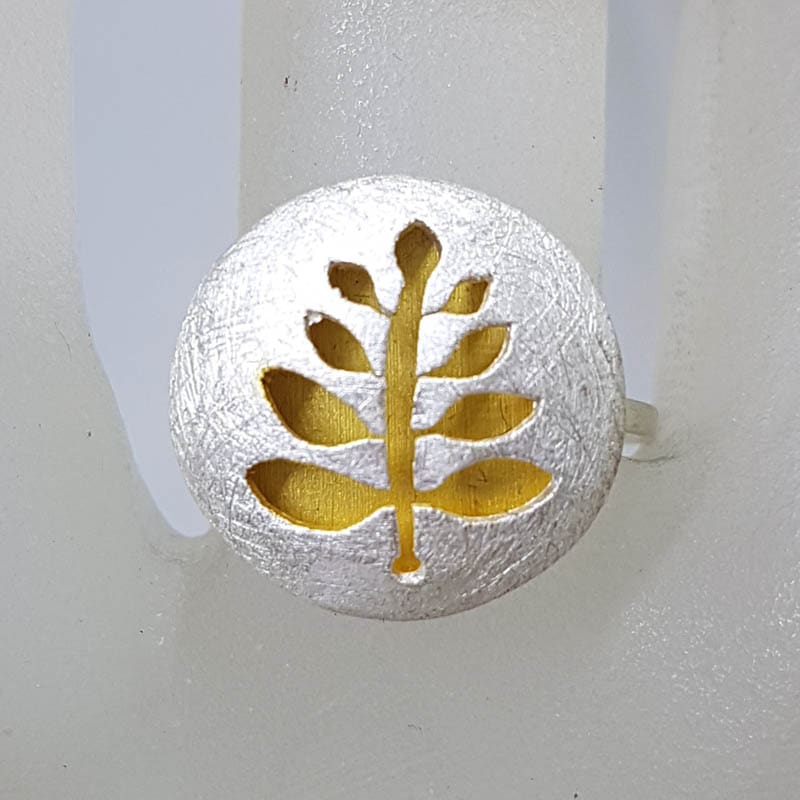 Sterling Silver and Plated Matte Finish Leaf / Tree of Life Round Ring