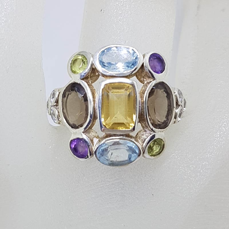 Sterling Silver Large Multi-Colour Gemstone Large Cluster Ring with Topaz, Amethyst, Smokey Quartz, Citrine and Peridot