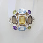 Sterling Silver Large Multi-Colour Gemstone Large Cluster Ring with Topaz, Amethyst, Smokey Quartz, Citrine and Peridot