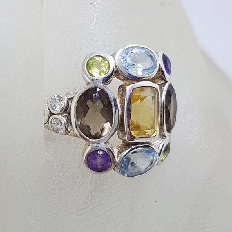 Sterling Silver Large Multi-Colour Gemstone Large Cluster Ring with Topaz, Amethyst, Smokey Quartz, Citrine and Peridot