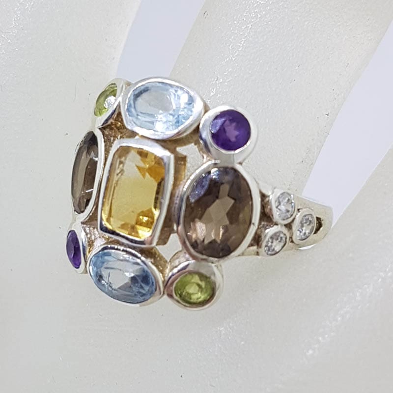 Sterling Silver Large Multi-Colour Gemstone Large Cluster Ring with Topaz, Amethyst, Smokey Quartz, Citrine and Peridot