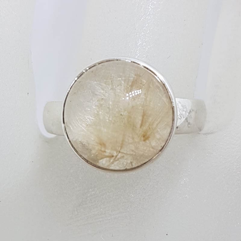 Sterling Silver Large Round Bezel Set Rutilated Quartz Ring
