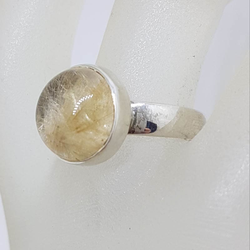 Sterling Silver Large Round Bezel Set Rutilated Quartz Ring