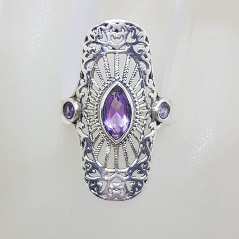 Sterling Silver Large Ornate Filigree Elongated Setting Amethyst Ring