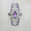 Sterling Silver Large Ornate Filigree Elongated Setting Amethyst Ring