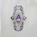 Sterling Silver Large Ornate Filigree Elongated Setting Amethyst Ring